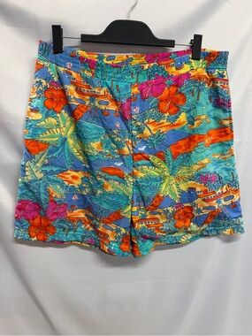 Vintage 90s Men's Tropical Print Swim Shorts Blue Orange Hawaiian Palm Print Lg
